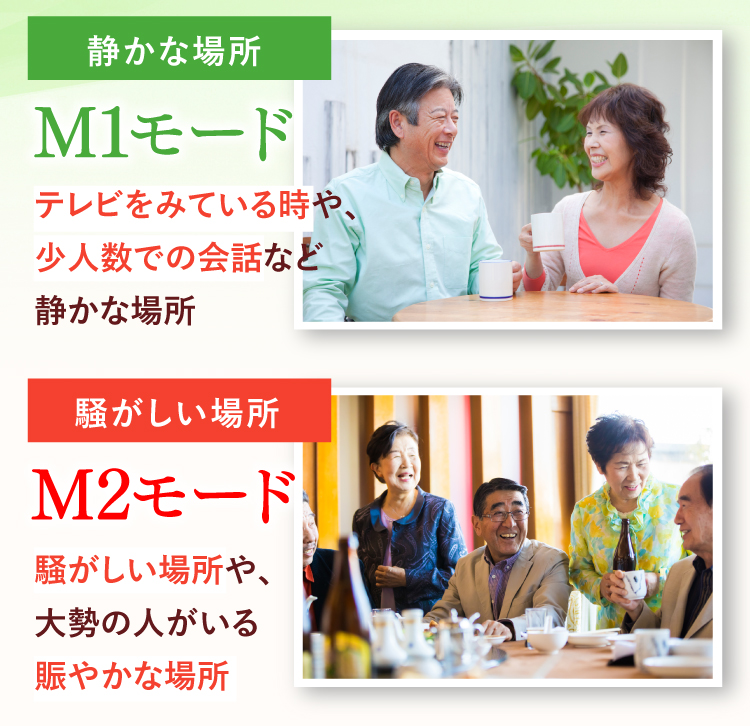 静かな場所用のM1モード：テレビをみている時や、少人数での会話など静かな場所。騒がしい場所用のM2モード：騒がしい場所や、大勢の人がいる賑やかな場所。