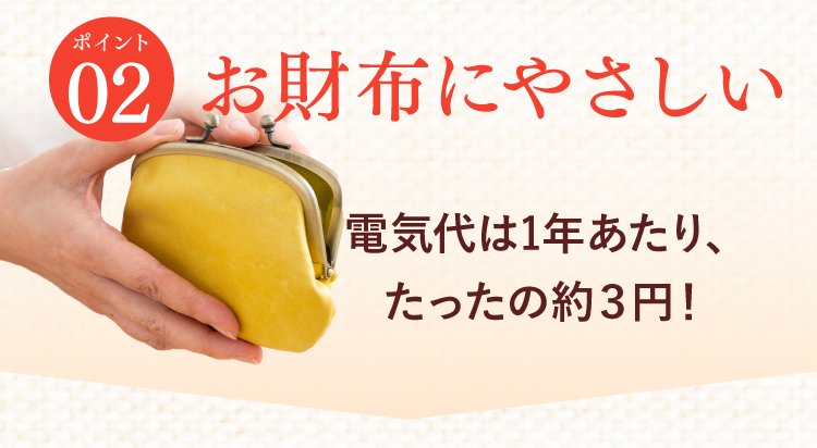 【ポイント02】お財布にやさしい。電気代は1年あたり、たったの約3円！