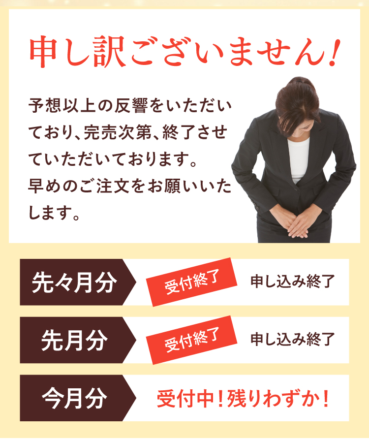 申し訳ございません！予想以上の反響をいただいており、完売次第、終了させていただいております。早めのご注文をお願いいたします。