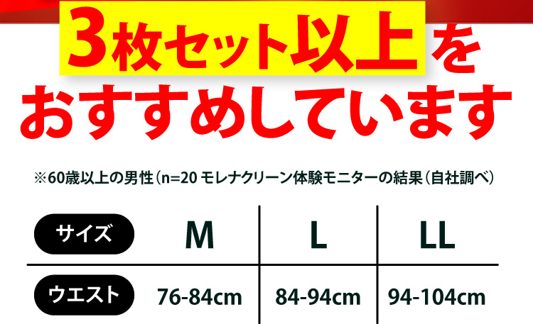 3枚セット以上をおすすめしています。 Mサイズ：ウエスト76-84センチ　Lサイズ：ウエスト84-94センチ　LLサイズ：ウエスト94-104センチ