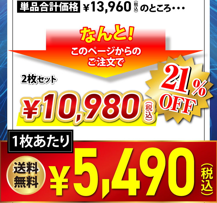 単品合計価格￥13,960（税込）のところ・・・なんと！このページからのご注文で￥10,980（税込）21%OFF　1枚あたり￥5,490（税込）送料無料