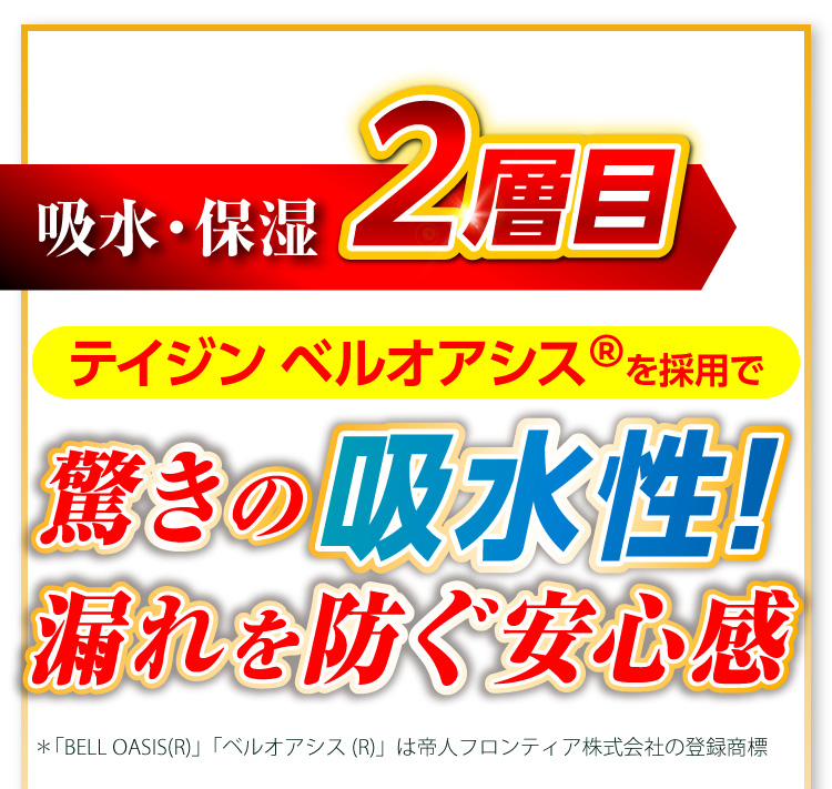 【吸水・保湿2層目】テイジン ベルオアシス®を採用で驚きの吸水性！漏れを防ぐ安心感