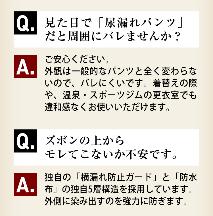 Q1.見た目で「尿漏れパンツ」だと周囲にバレませんか？A1.ご安心ください。外観は一般的なパンツと全く変わらないので、バレにくいです。着替えの際や、温泉・スポーツジムの更衣室でも違和感なくお使いいただけます。Q2.ズボンの上からモレてこないか不安です。A2.独自の「横漏れ防止ガード」と「防水布」の独自5層構造を採用しています。外側に染み出すのを強力に防ぎます。