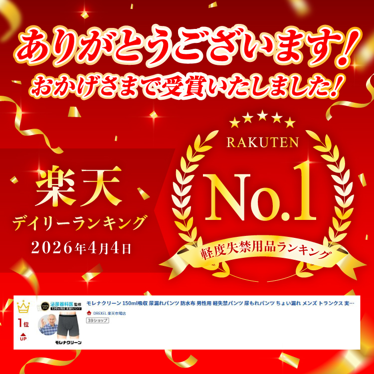 ありがとうございます！おかげさまで受賞いたしました！楽天デイリーランキング 軽度失禁用品ランキングNo,1