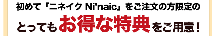 初めて「ニネイクNi'naic」をご注文の方限定のとってもお得な特典をご用意!