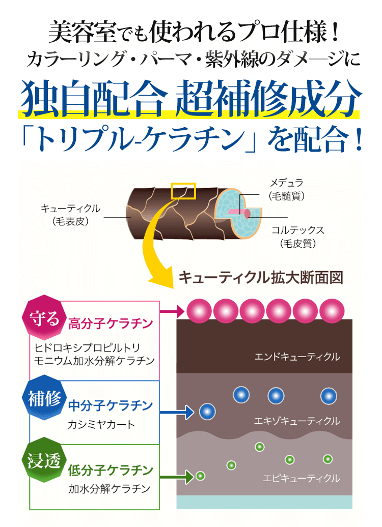 美容室でも使われるプロ仕様!カラーリング・パーマ・紫外線のダメージに独自配合 超補修成分「トリプル-ケラチン」を配合!