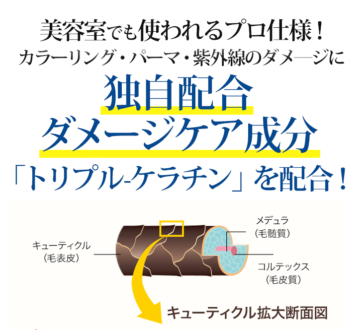 美容室でも使われるプロ仕様!カラーリング・パーマ・紫外線のダメージに独自配合 超補修成分「トリプル-ケラチン」を配合!