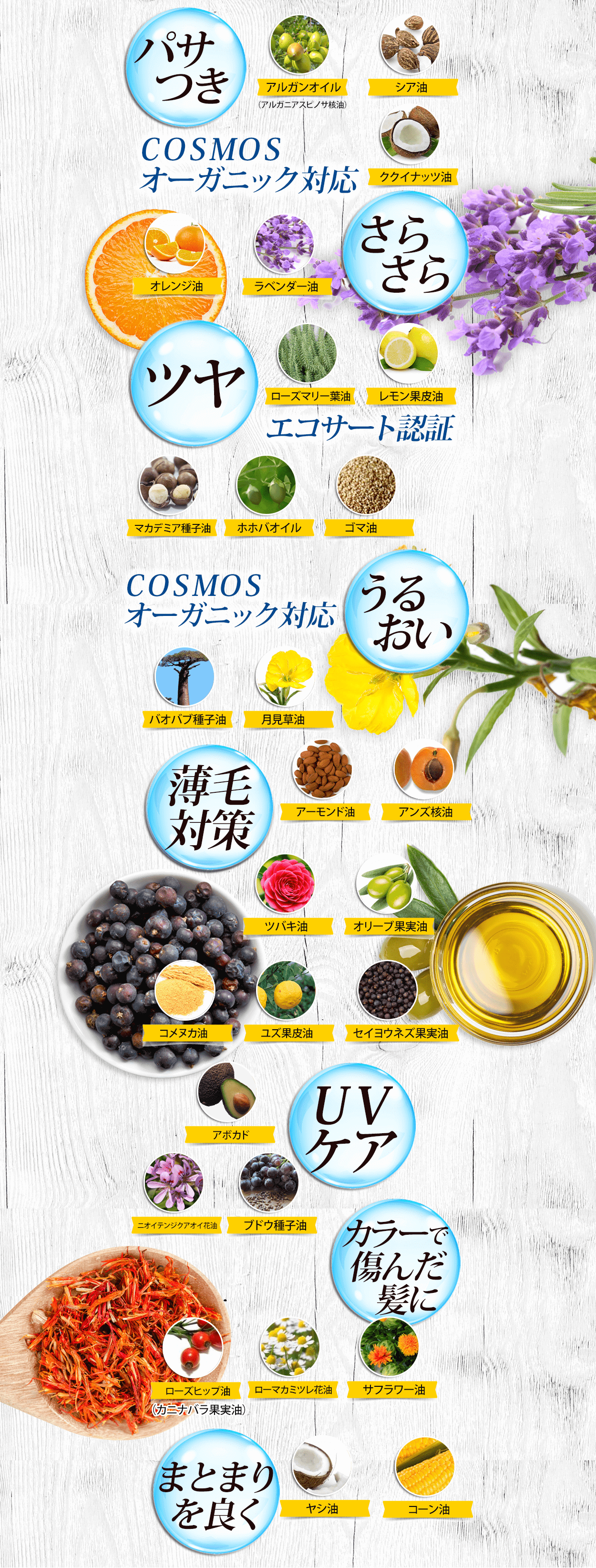 パサつき アルガンオイル シア油 ククイナッツ油 COSMOS オーガニック対応 さらさら オレンジ油 ラベンダー油 ツヤ ローズマリー葉油 レモン果皮油 エコサート認証 マカデミア種子油 ホホバ種子油 ゴマ油 潤い保湿 COSMOS オーガニック対応 バオバブ種子油 月見草油 頭皮&皮脂 アーモンド油 アンズ核油 ツバキ種子油 オリーブ果実油 コメヌカ油 ゆず果皮油 セイヨウネズ果実油 UVケア アボガド油 ニオイテンジクアオイ花油 ブドウ種子油 カラーリングケア ローズヒップ油(カニナバラ果実油) ローマカミツレ花油 サフラワー油 スタイリングベース ヤシ油 コーン油