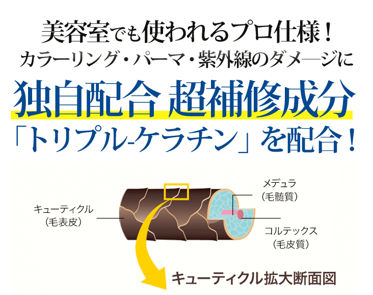 美容室でも使われるプロ仕様!カラーリング・パーマ・紫外線のダメージに独自配合 超補修成分「トリプル-ケラチン」を配合!