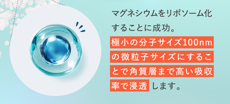 マグネシウムをリポソーム化することに成功。極小の分子サイズ100nmの微粒子サイズにすることで角質層まで高い吸収率で浸透 します。