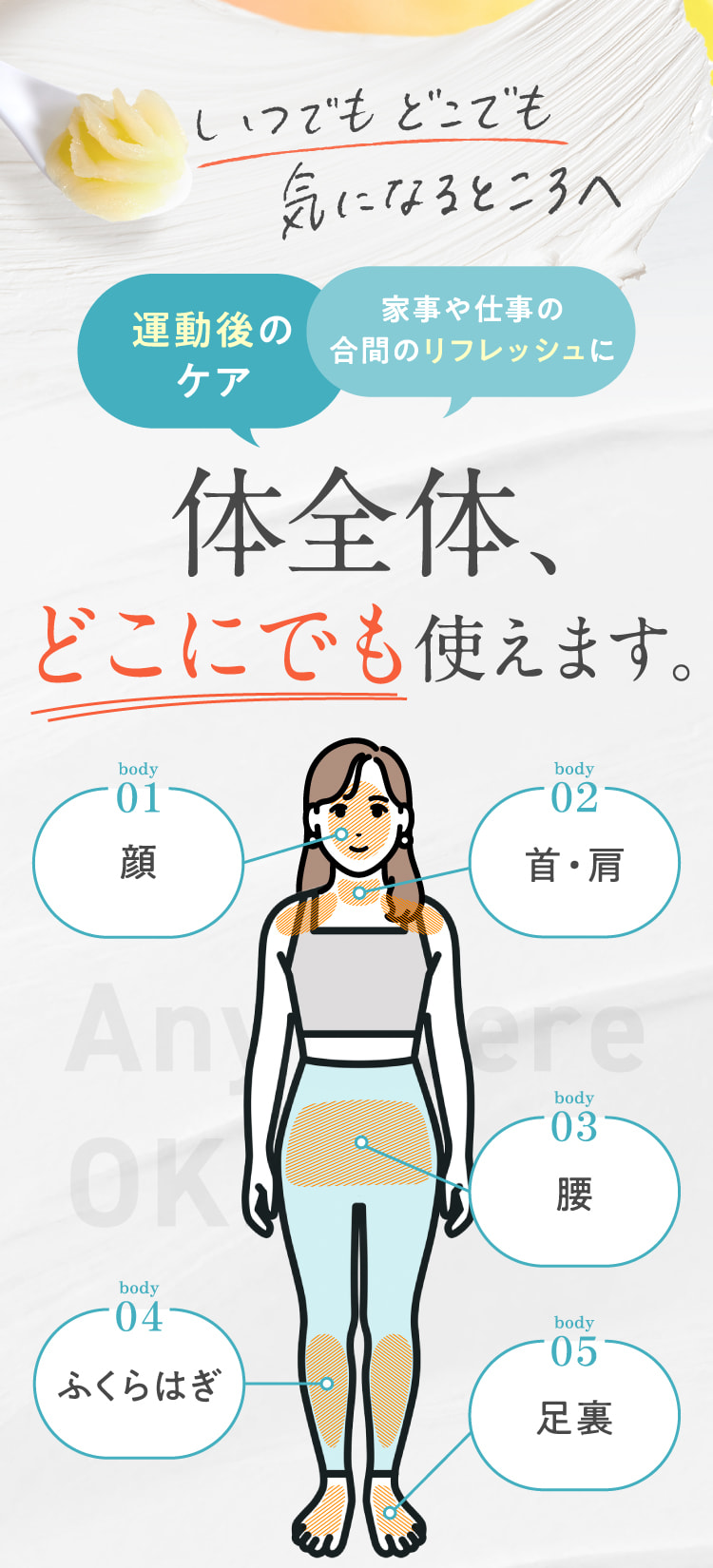 運動後のケア 家事や仕事の合間のリフレッシュに体全体、どこにでも使えます。