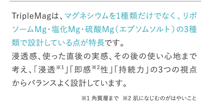 TripleMagは、マグネシウムを1種類だけでなく、リポソームMg・塩化Mg・硫酸Mg（エプソムソルト）の3種類で設計している点が特長です。…